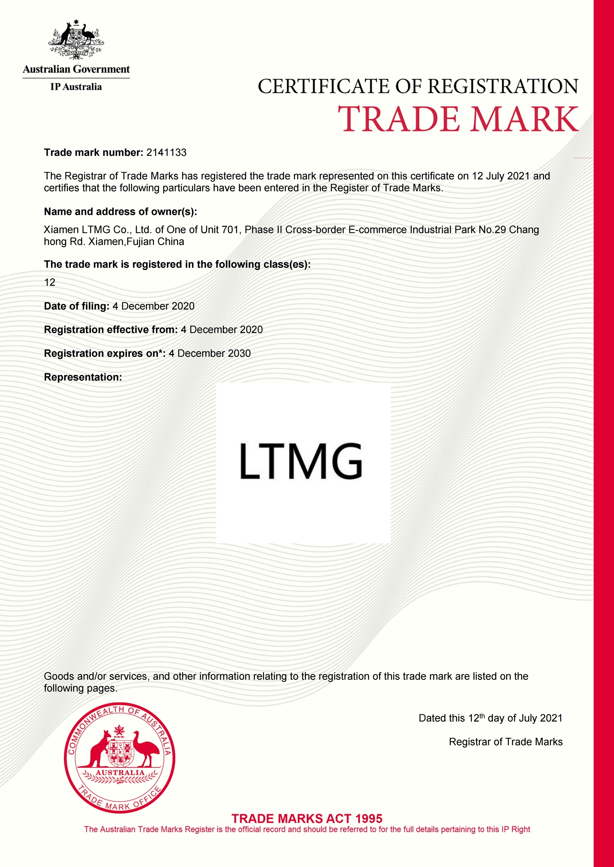 Madrid certificate Australian trademark LTMG 2